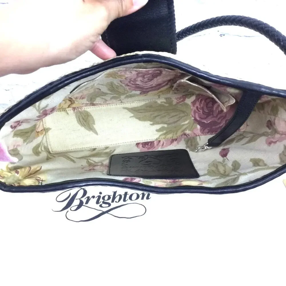 Brighton Cottagecore Cream Woven Straw Black Leather Braided Handle Baguette